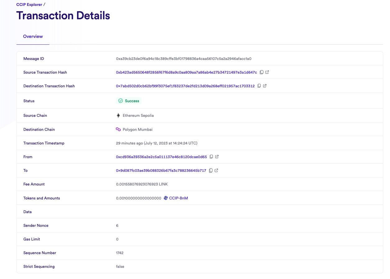 Chainlink CCIP Explorer transaction details success